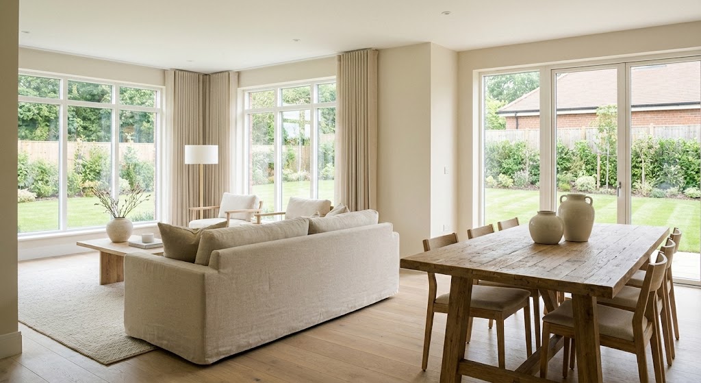 Bright modern interior living and dining space